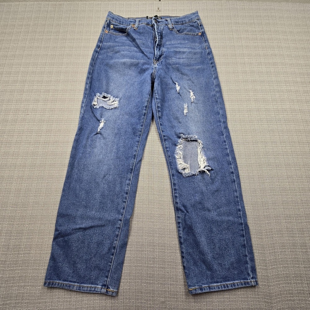 BBJ Jeans Juniors 11/30 Blue High Rise Mom Distressed Button Fly Stretch Denim